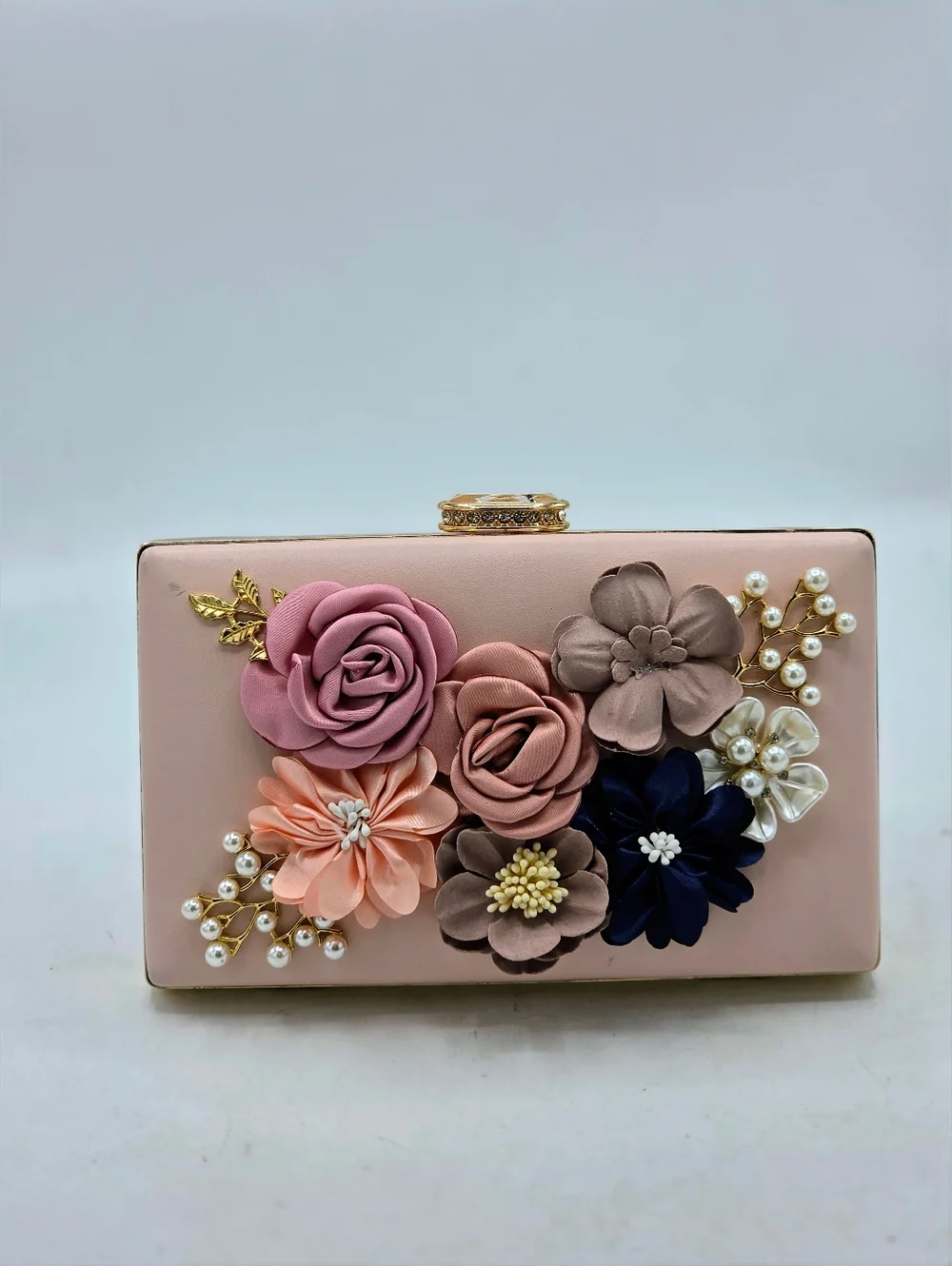 Amaze Floral 3D Embellished Box Clutch - Blush Pink & Gold